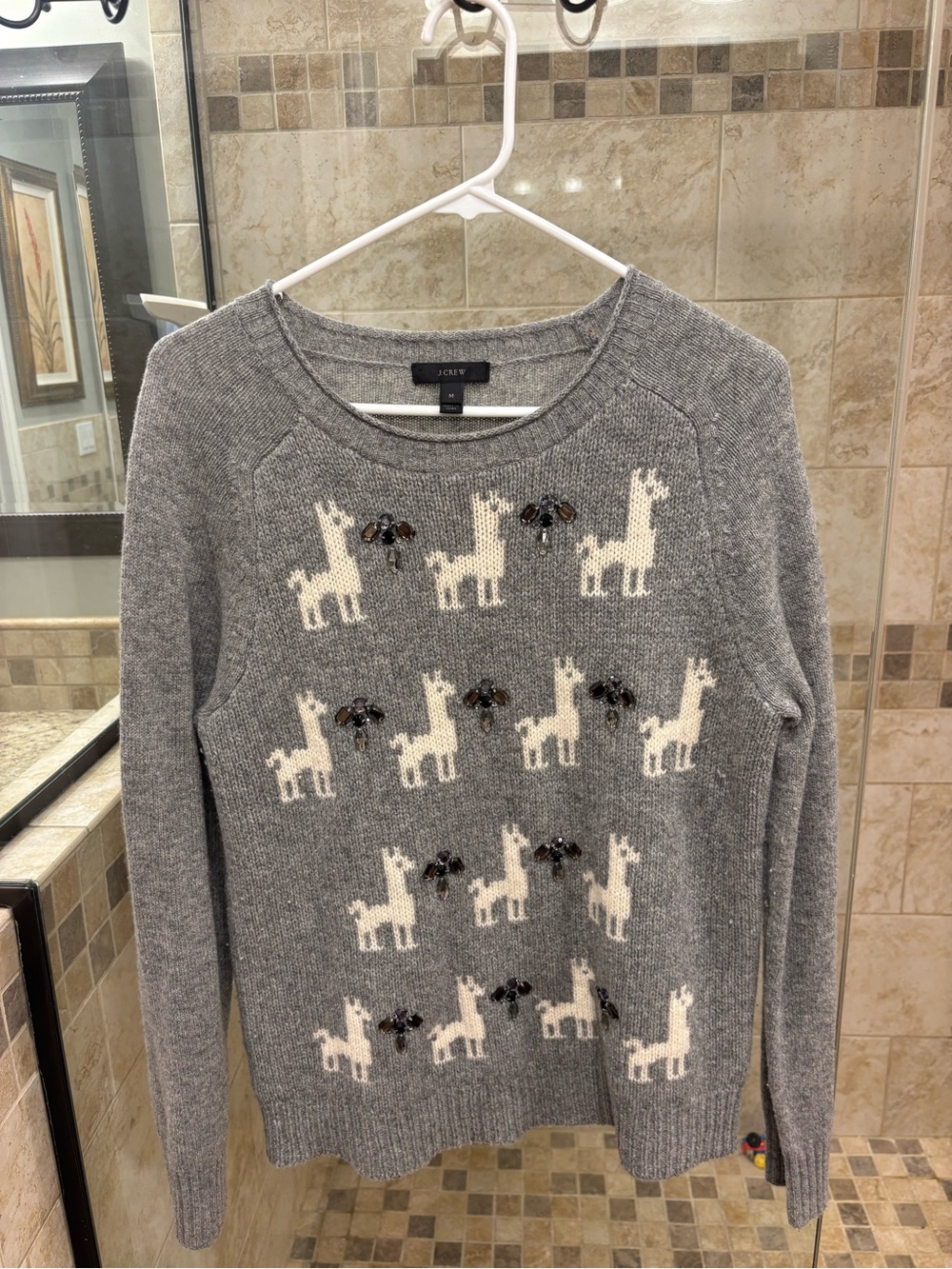 J. Crew Gray Wool Crewneck Sweater with Cream Llama Motif and Bead Accents
